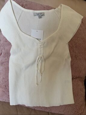 Love Tree Ivory Ribbed Tie-Front Cap Sleeve Top
